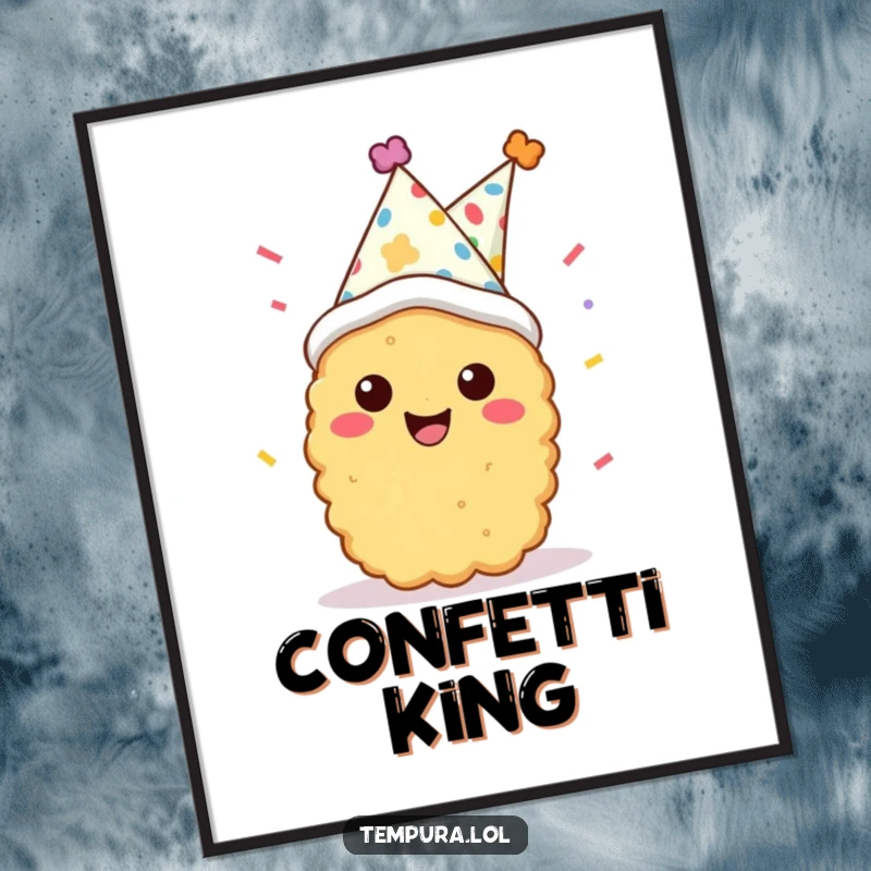 Funny tempura character in a party hat with confetti, full of smiles, available as a digital art print for festive decor.