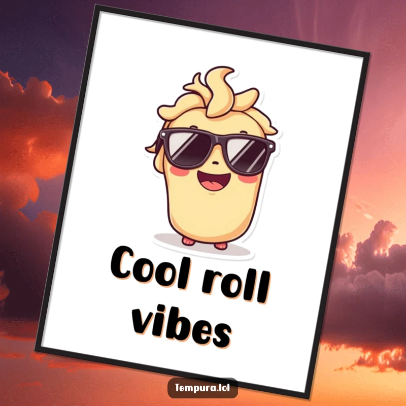 Funny digital art print of a tempura roll character wearing sunglasses and a broad smile, radiating cool charm.