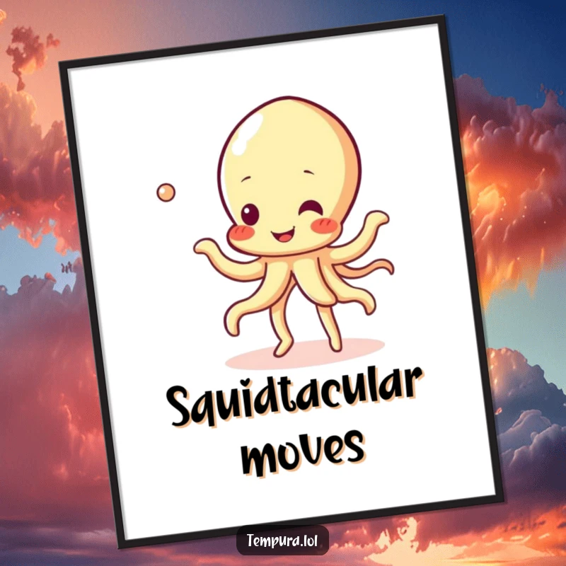 Funny Tempura Squid Digital Art Print of a happy tempura squid character in a lively bubbly dance, instant cheerful decor.