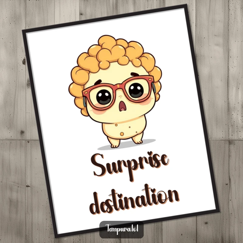 Funny tempura character wearing hilariously large, funny glasses, looking utterly surprised, downloadable art print.