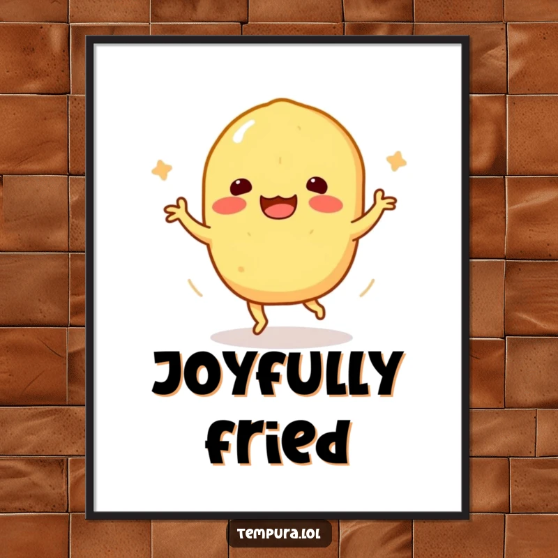 Funny Tempura Sweet Potato Digital Art Print: A tempura sweet potato character is caught in a funny happy dance, ready for printing.