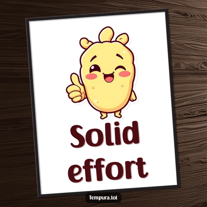 Funny tempura character winking and giving a thumbs up, depicted in a digital art print for instant positive decor.