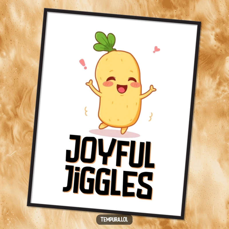 Funny Wiggling Veggie Digital Art Print: A happy tempura vegetable character wiggles, available for instant download, full of cute food-themed humor.
