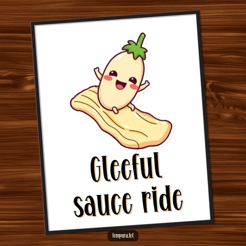 Funny Digital Art Print: A happy tempura eggplant character sliding down a sauce slide, creating humorous and appetizing wall art.