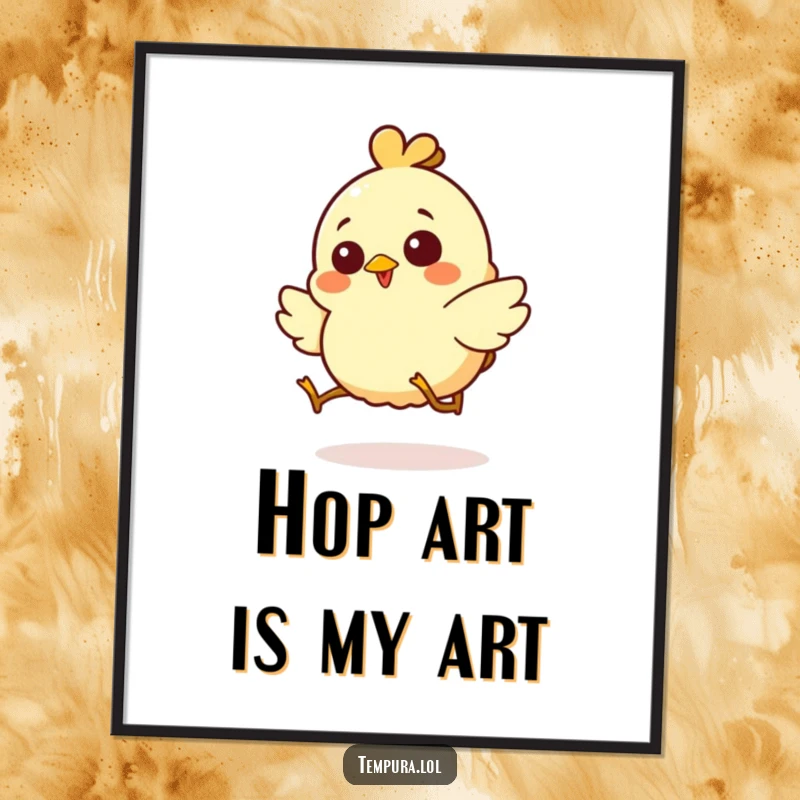 Funny digital art print of a giggling chicken tempura character in a whimsical, energetic hop, perfect for framing.