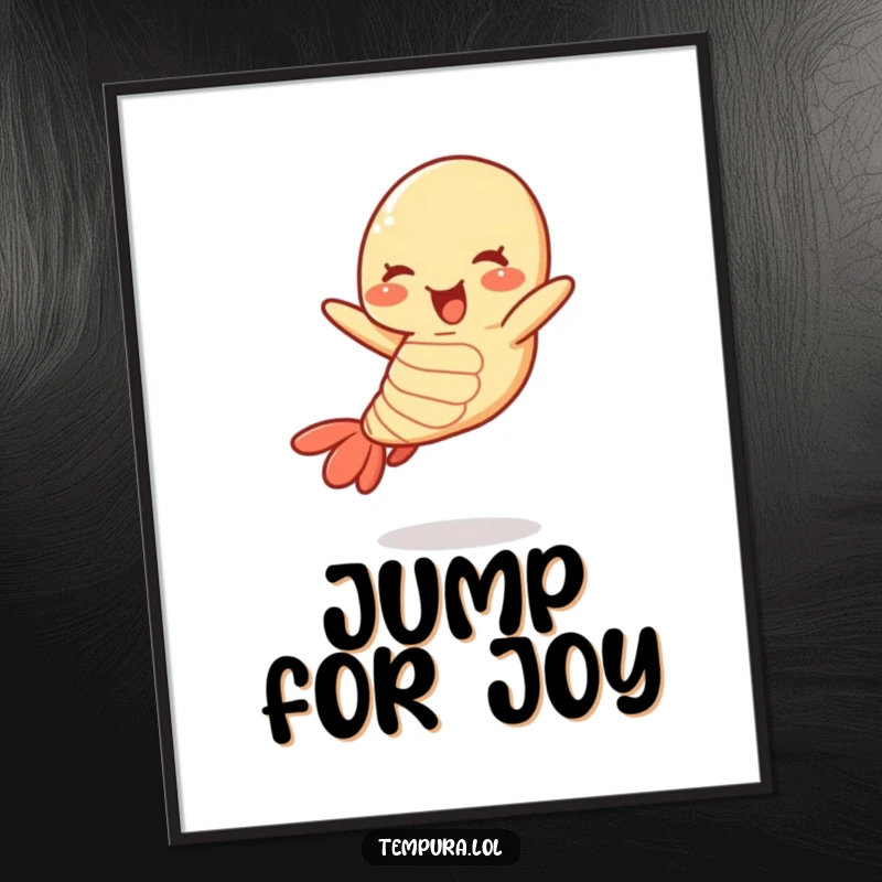 Funny tempura shrimp digital art print showcasing a joyful shrimp character in a dynamic, jumping pose.