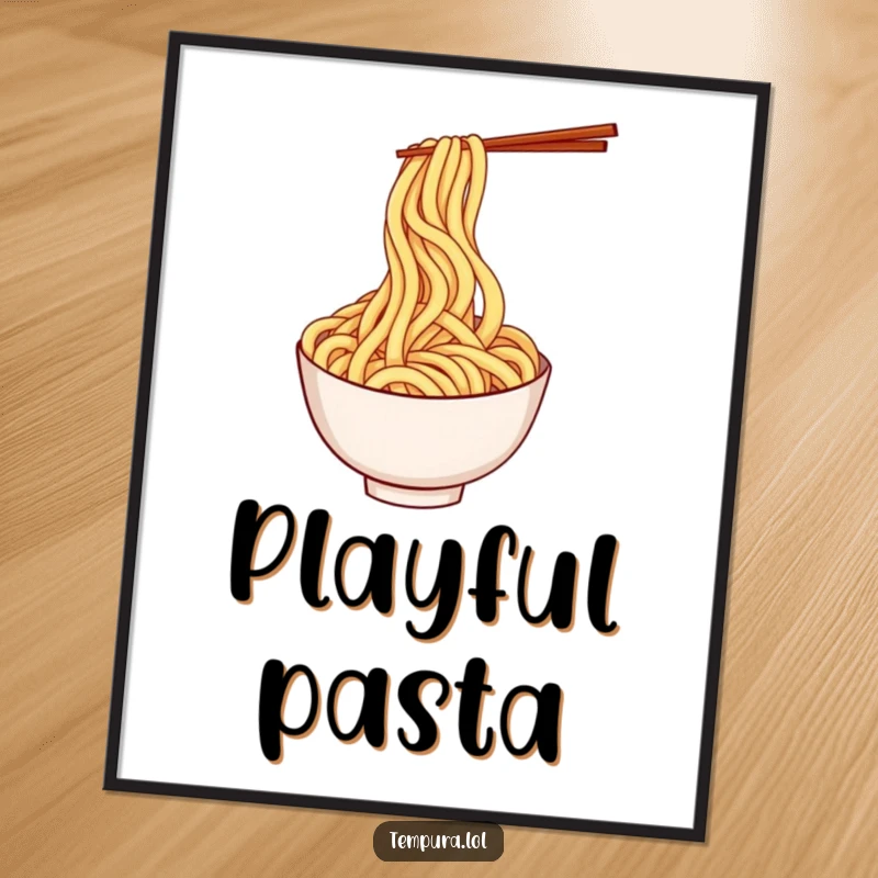 Funny tempura udon noodle digital art print showcasing a playful, twirling noodle character in vibrant colors.