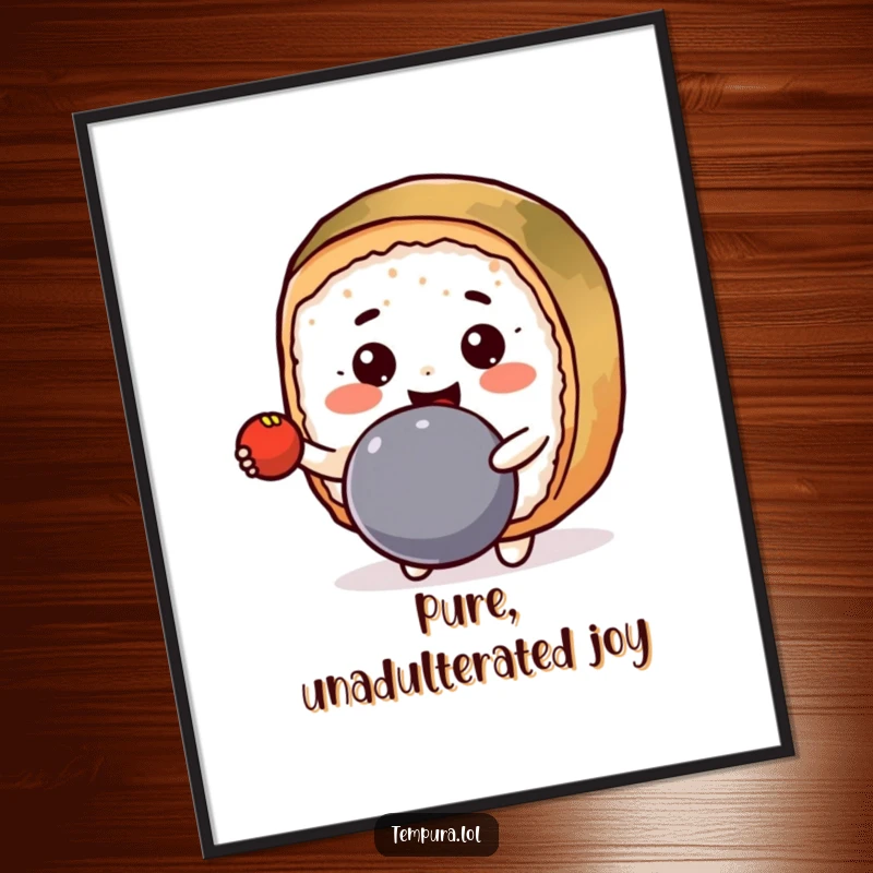 Funny Digital Art Print of a happy Kawaii sushi roll character bouncing a ball with a wide grin.