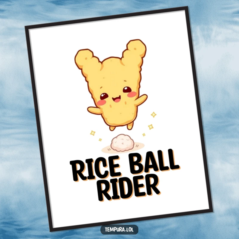 Funny tempura character happily bouncing a small sparkling rice ball, conveying pure joy, a funny digital art print gift.