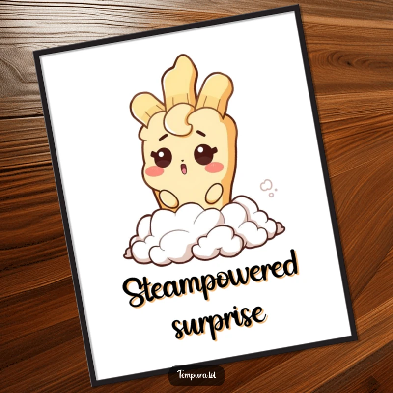 Funny digital art print of a tempura character with a surprised wink emerging from steam, perfect for humorous digital decor.