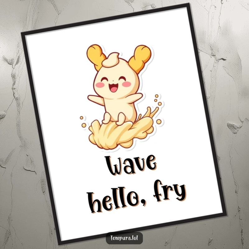 Funny tempura character smiling, joyfully riding a playful wave of batter in a digital art print, full of vibrant energy.