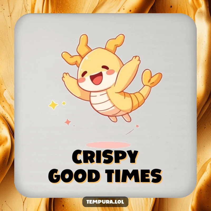 Funny drink coasters featuring a crispy tempura shrimp character leaping with joy, trailing sparkles, protecting tables with foodie charm.