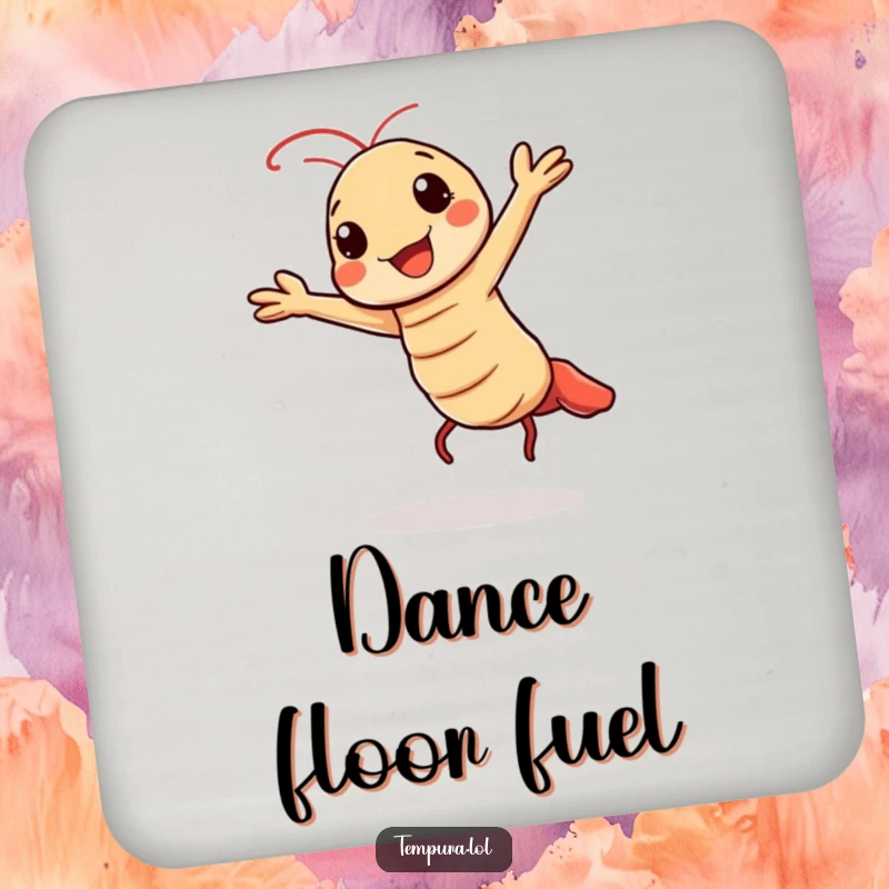 Funny drink coasters featuring a Kawaii tempura shrimp character doing a cheerful, energetic dance.