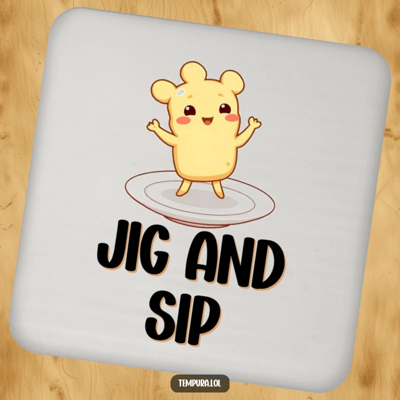 Funny Tempura Coaster: A piece of tempura joyfully jigging on a plate, adding humor and celebration to surface protection.