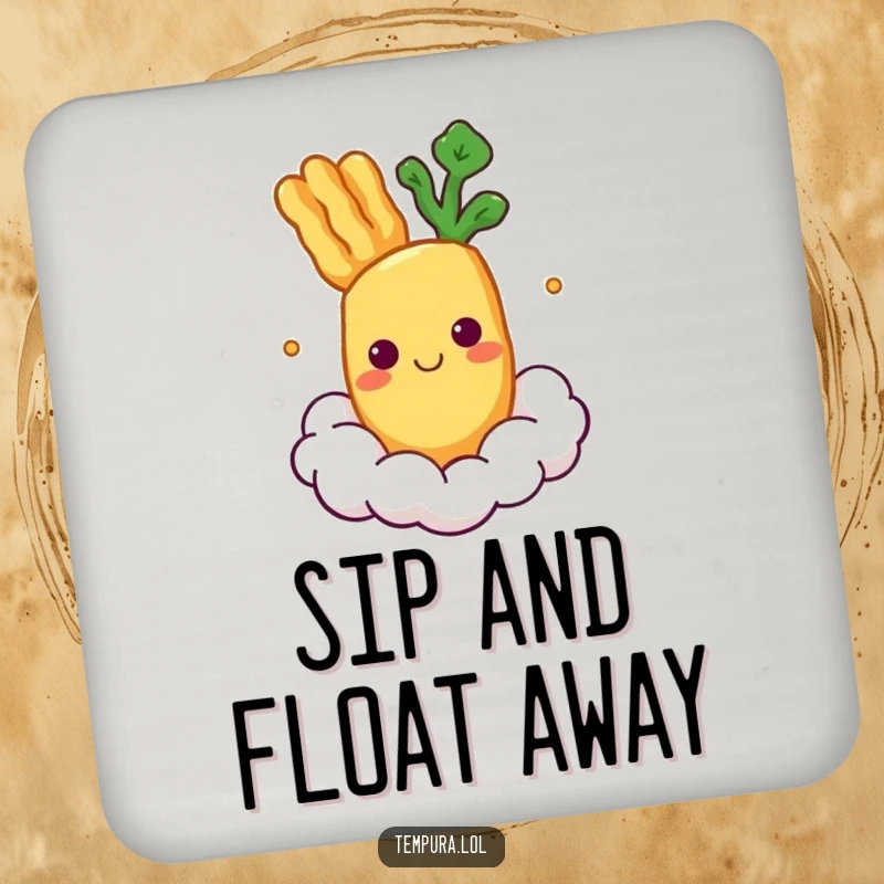 Funny Drink Coasters featuring a smiling tempura vegetable character floating on a cloud.