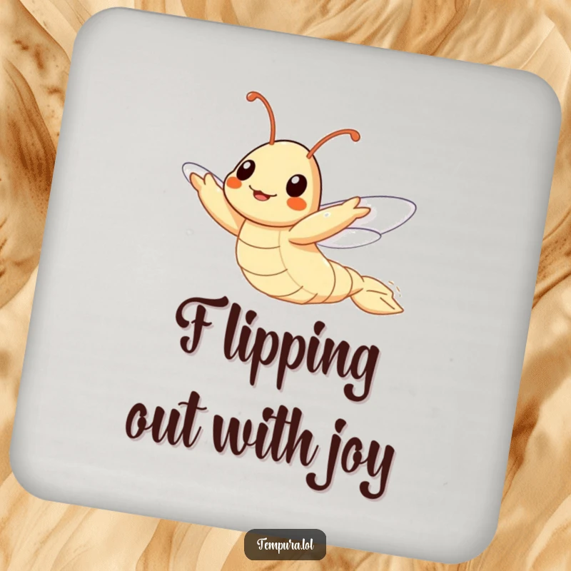 Funny Flying Tempura Shrimp Drink Coaster, depicted attempting to fly, adding a humorous and protective touch to any table.