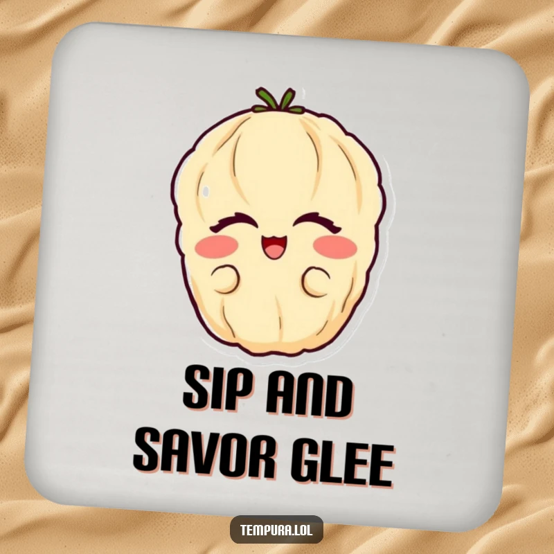 Funny vegetable tempura coaster displaying a happy tempura vegetable with eyes closed in glee.