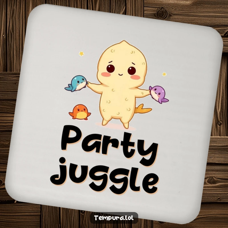 Funny tempura drink coaster with a tempura character juggling three small sea creatures, adding a humorous and artistic touch to beverage placement.