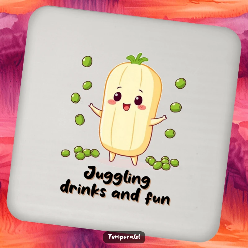Funny Juggling Vegetable Drink Coaster, depicted juggling small peas, adding a humorous and protective touch to any table.