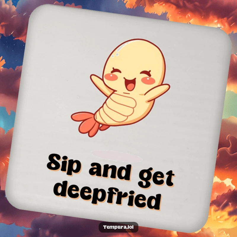 Funny tempura shrimp coaster with a cheerful, jumping shrimp character, protecting surfaces with a smile.