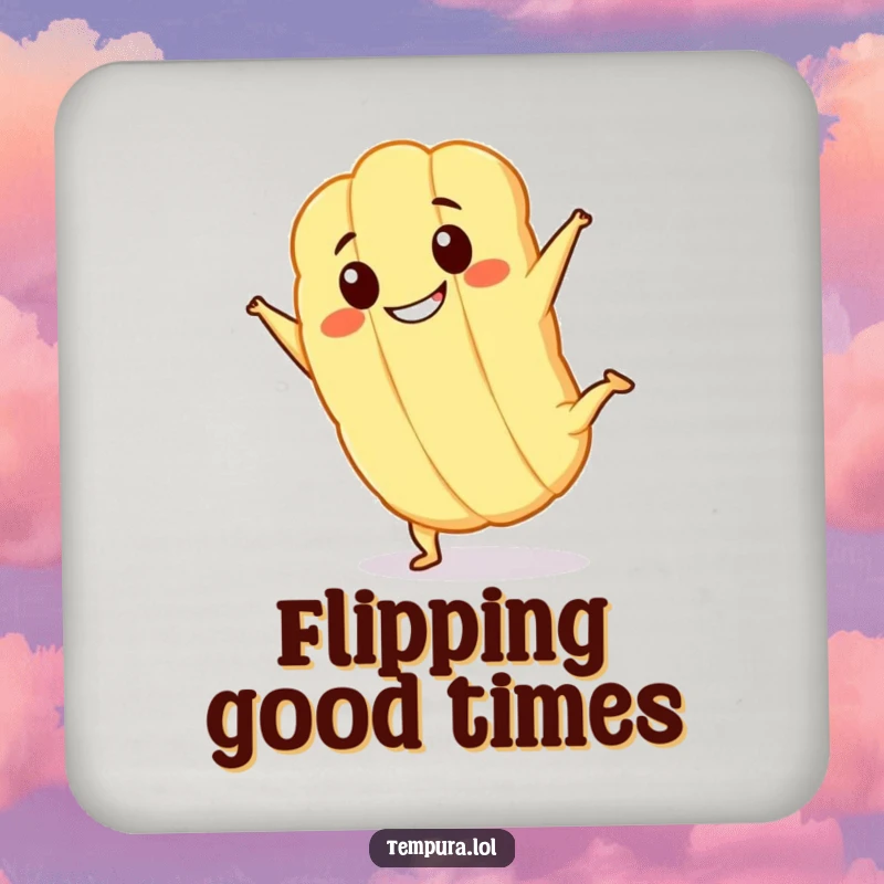 Funny Kawaii tempura character with a big grin, doing a cartwheel on a drink coaster, adding a touch of fun.