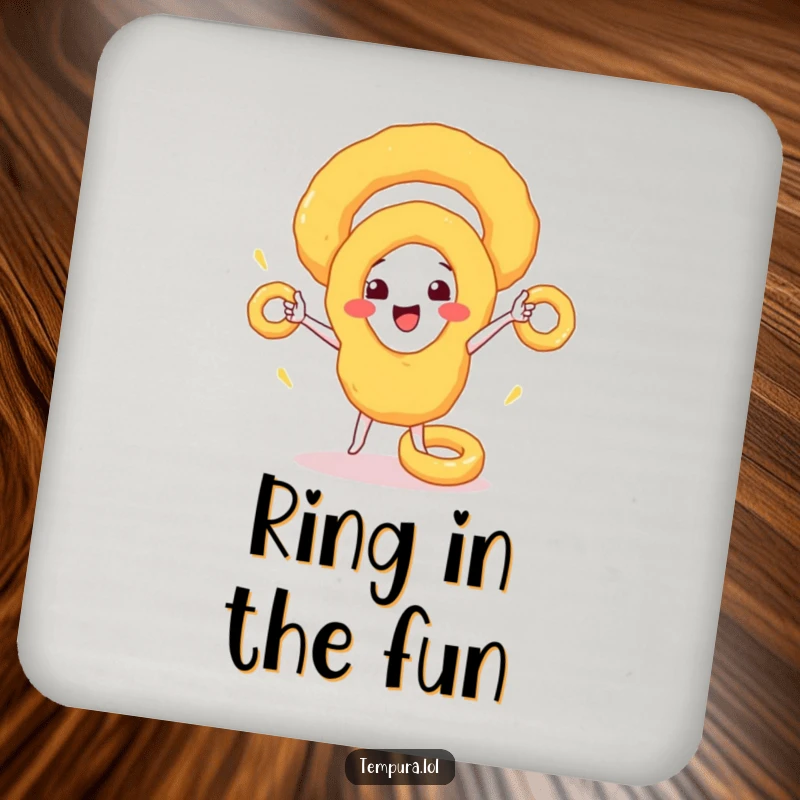 Funny Coaster: A happy tempura onion ring juggling smaller rings, bringing humorous food vibes to any drink.