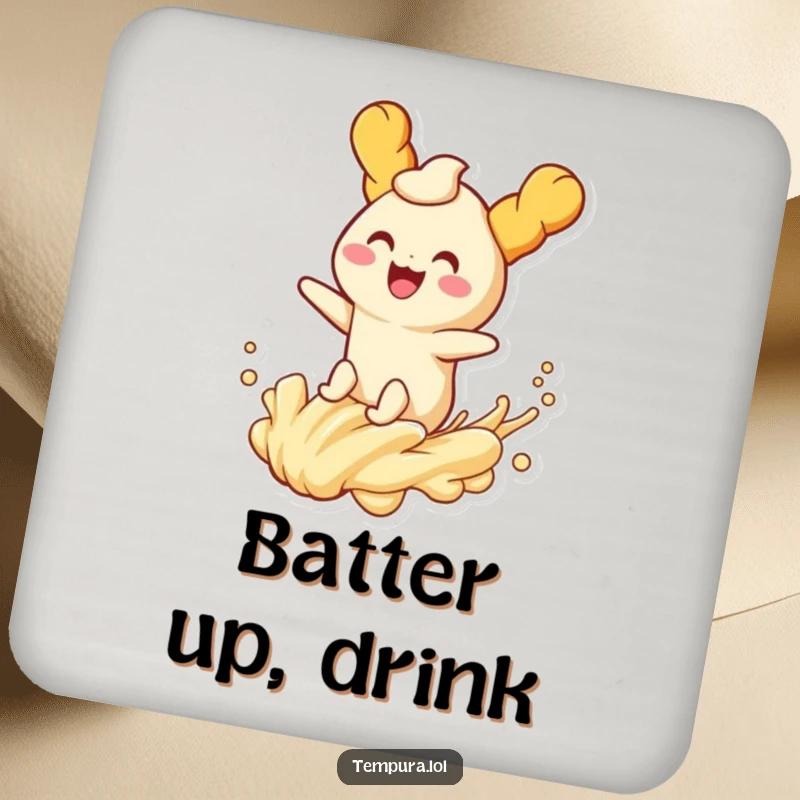 Funny tempura character joyfully riding a playful wave of batter on a drink coaster, adding a splash of fun.