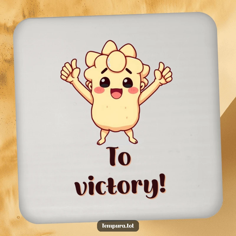 Funny drink coasters featuring a triumphant tempura character striking a victory pose, adding humor to drinks.