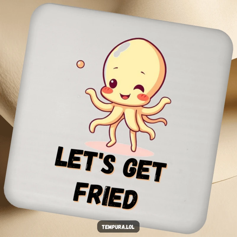 Funny Tempura Squid Coaster showing a cheerful tempura squid character in a bubbly dance, protecting surfaces with style.