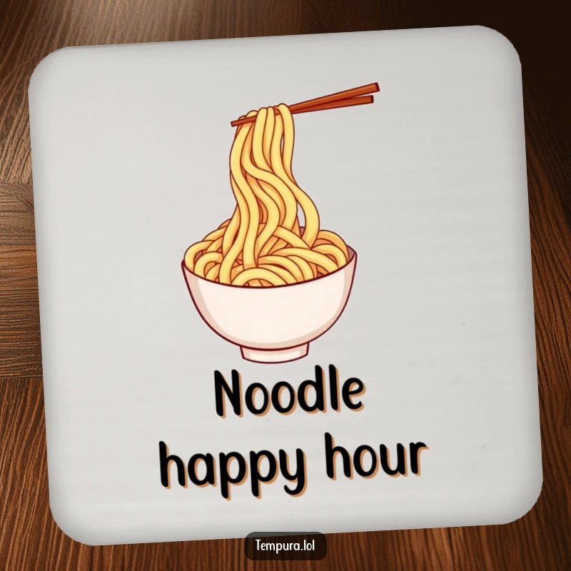 Funny tempura udon noodle coaster with a playful, twirling noodle character, adding fun to drink service.