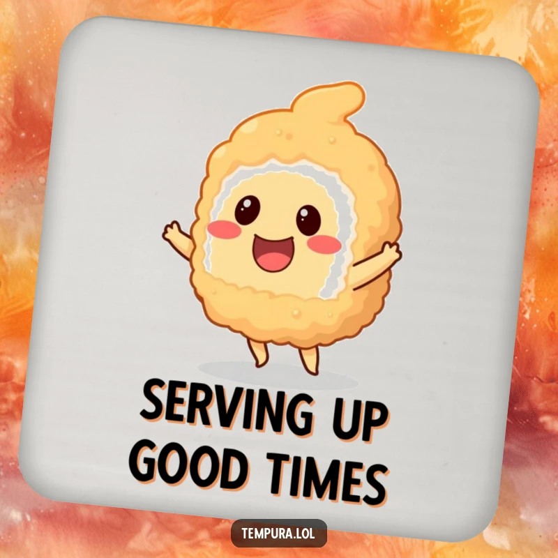 Funny smiling tempura sushi piece doing a little dance, featured on a protective and decorative drink coaster.