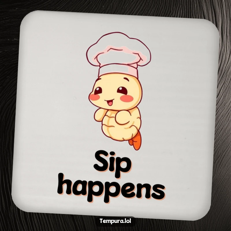 Funny drink coaster adorned with a tempura shrimp in a chef hat, protecting surfaces with a smile.