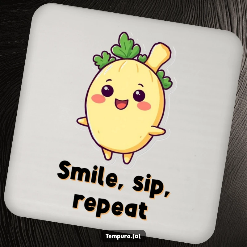 Funny Tempura Vegetable Drink Coaster, depicted with a big, infectious smile, adding a cheerful and protective touch to any table.