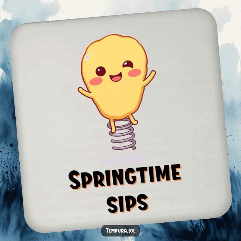 Funny Tempura Coaster: A smiling piece of tempura with springy legs, joyfully bouncing, protecting surfaces with a touch of humor.