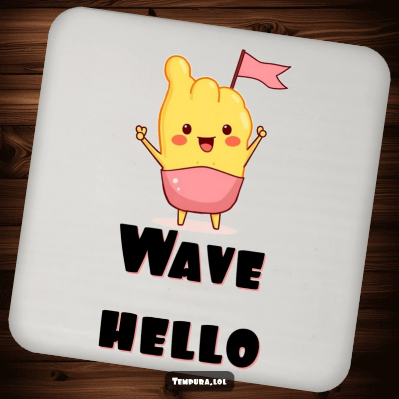 Funny Tempura Drink Coasters depicting a tempura piece enthusiastically waving a tiny flag, adding humor and protecting surfaces.