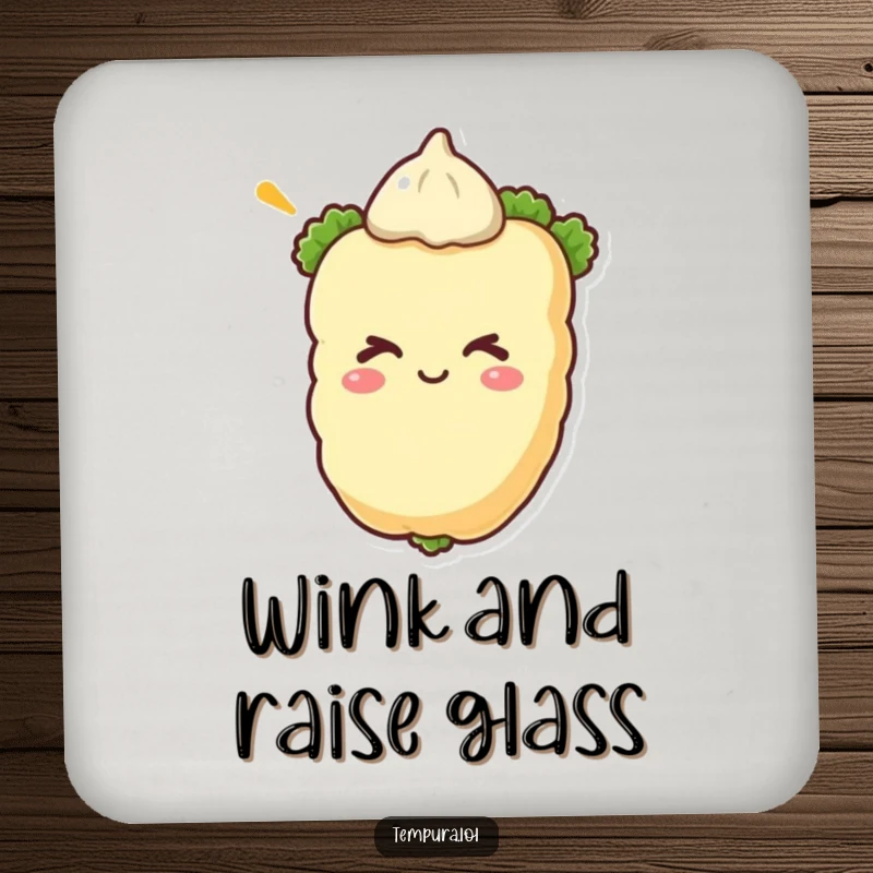 Funny tempura vegetable winking on a drink coaster, providing surface protection with a dose of cheeky humor.