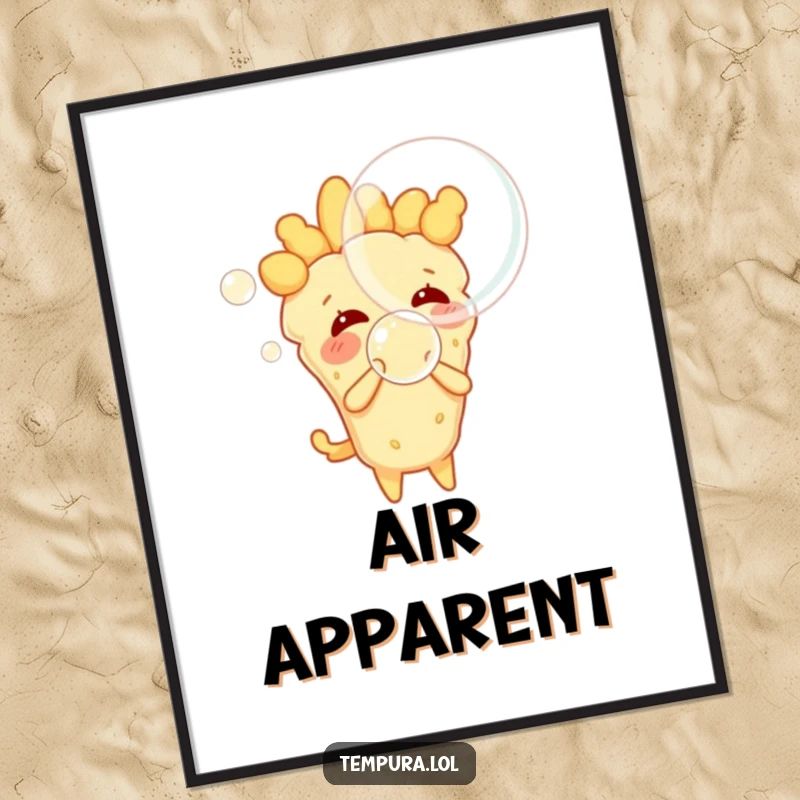 Funny tempura character playfully inflating a huge, shimmering bubble, vibrant poster art that brings smiles.