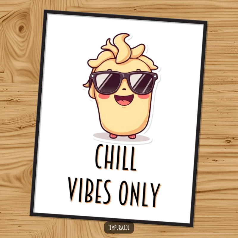 Funny poster of a tempura roll character wearing sunglasses and a broad smile, exuding a cool and joyful aura.