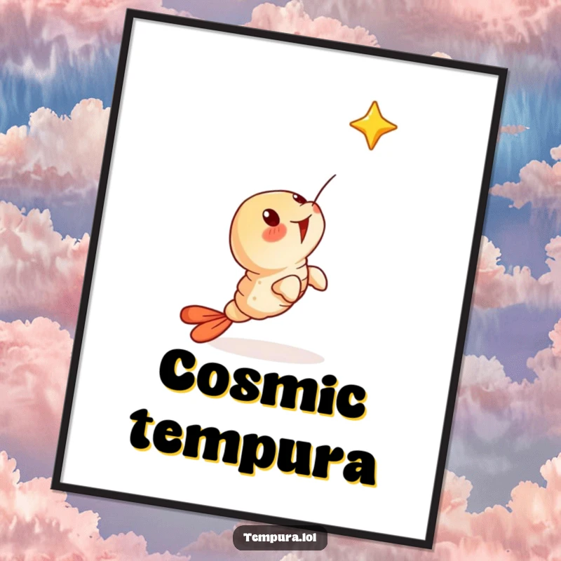 Funny poster of a surprised tempura shrimp character looking up in awe at a falling star, creating a magical scene.