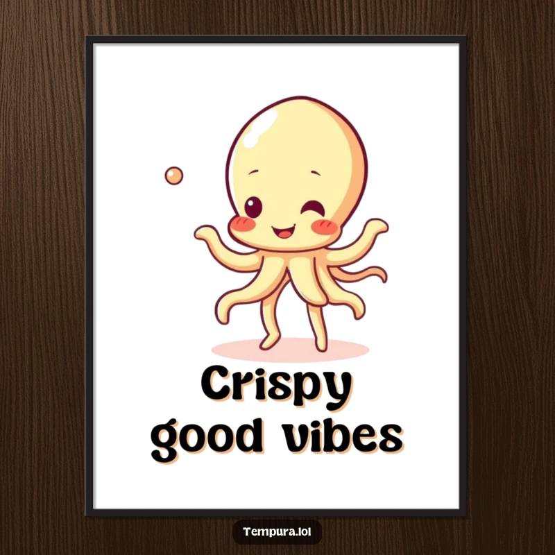 Funny Tempura Squid Poster featuring a cheerful tempura squid character absorbed in a joyful, bubbly dance motion, vibrant wall art.