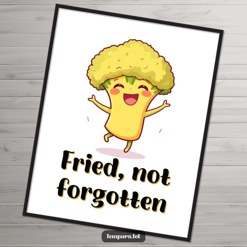 Funny Tempura Broccoli Dance Poster: A grinning tempura broccoli performing an energetic dance, a humorous and uplifting piece of wall art.