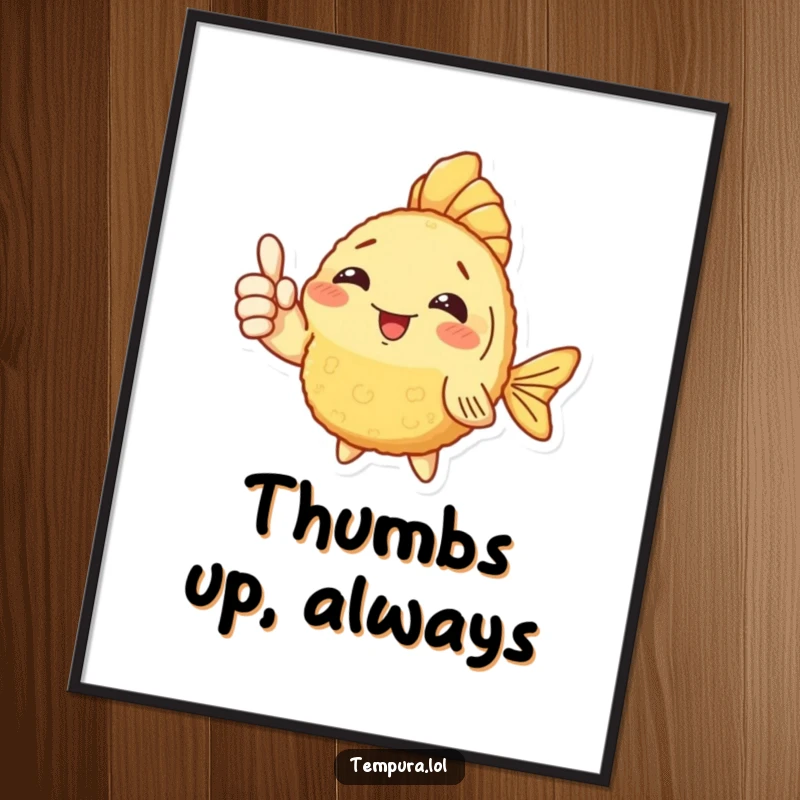 Funny Fish Tempura Poster: A golden fish tempura character gives a prominent thumbs up, looking delicious and approved.