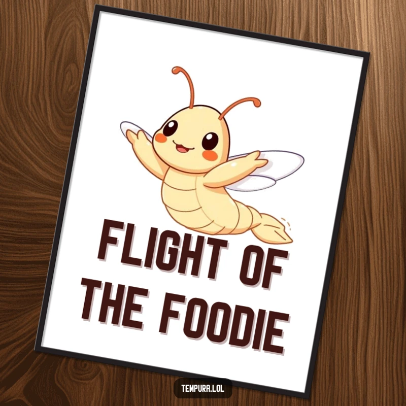 Funny Flying Tempura Shrimp Poster, depicted in a determined attempt to fly, adding a humorous and motivational element to wall decor.