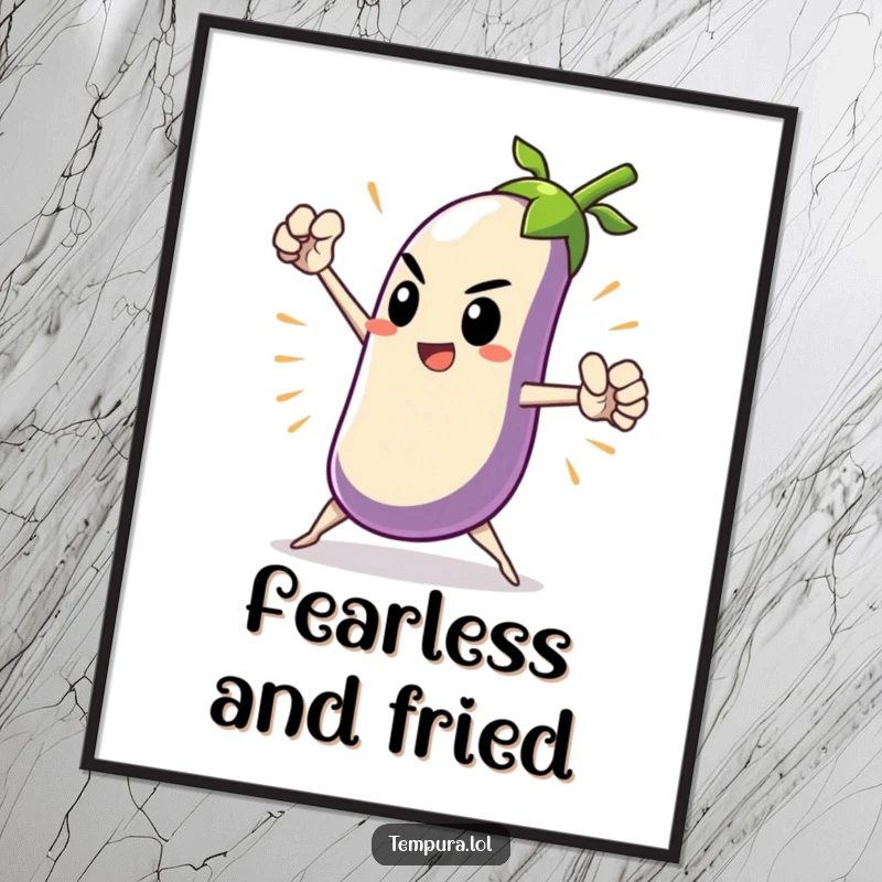 Funny Heroic Tempura Eggplant Poster depicting a tempura eggplant character striking a dramatic, heroic pose, a humorous and bold piece of wall art.