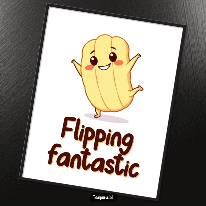 Funny Kawaii tempura character with a big grin, doing a cartwheel on a colorful poster, perfect for vibrant decor.