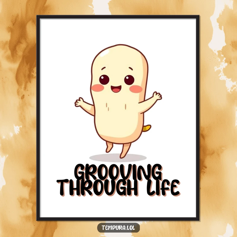 Funny tempura poster featuring a smiling tempura character caught mid-dance, its tiny form radiating infectious energy and playful movement.