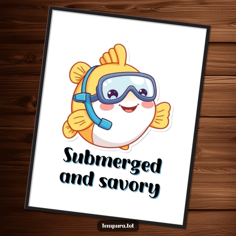 Funny tempura fish character sporting a tiny snorkel and a wide grin, bringing aquatic humor to a wall poster, a funny gift.