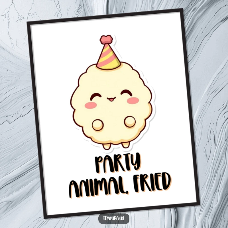 Funny Tempura Character Poster: A tempura piece sports a small party hat, creating a humorous and festive visual for any occasion.