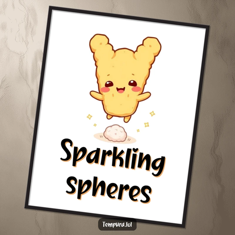 Funny tempura character mid-bounce with a sparkling rice ball, conveying energy, perfect for a humorous wall poster gift.