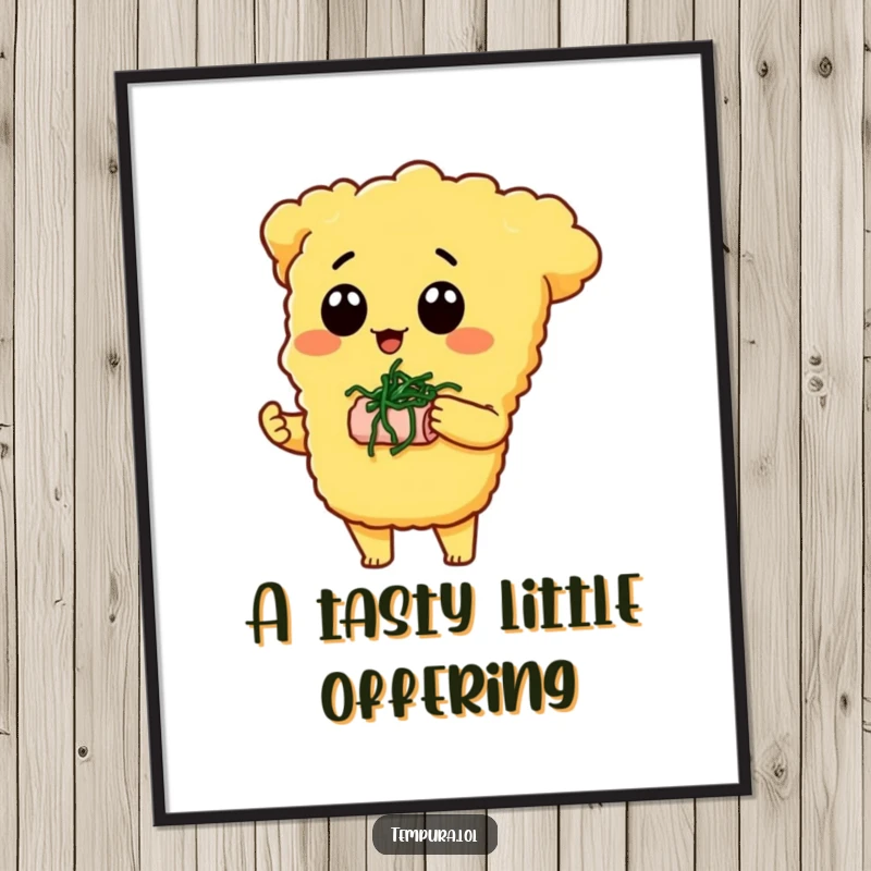 Funny Tempura Character Poster: A tempura piece offers a tiny seaweed snack, creating a humorous and endearing scene of sharing.